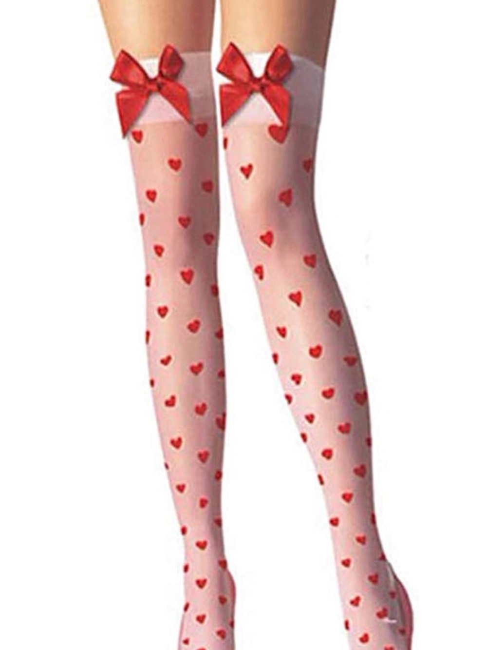 Red Heart Pattern Sheer Thigh-Highs with Bow